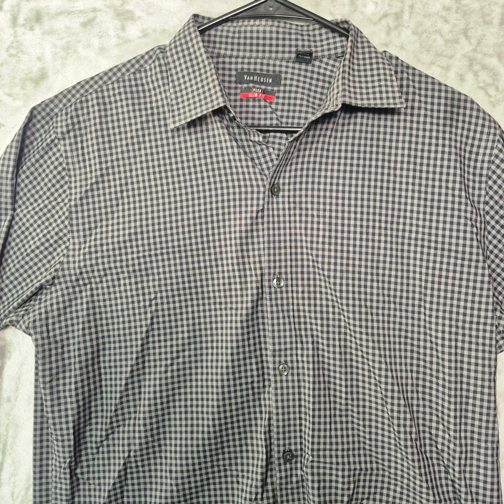 Van Heusen Flex Slim Fit Mens Grey Gingham Button Down Shirt M 15-15.5